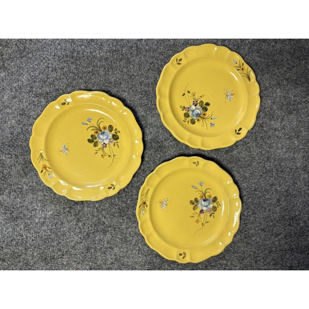 3 Antique Montpellier French Yellow Floral Earthenware Salad Plates 8" Signed